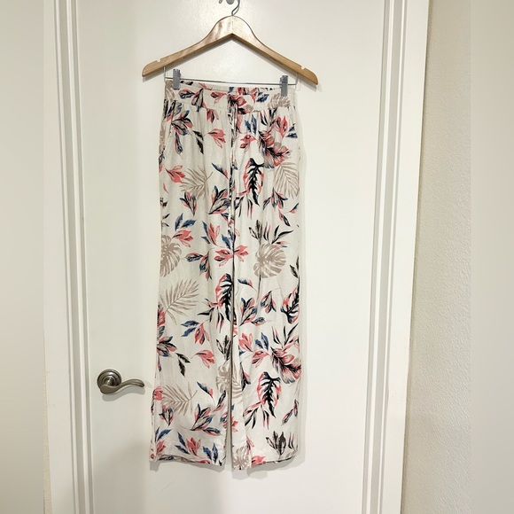 Briggs tropical floral print wide leg Linen blend pants pockets beige tan size S - Picture 3 of 10